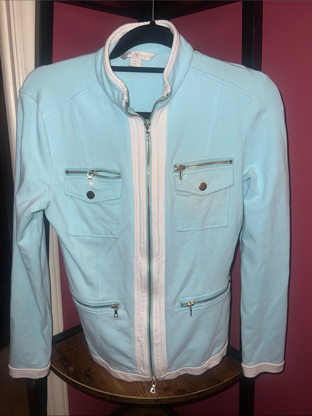 Boston Proper Powder Blue Zip-Front Shirt Jacket with White Trim